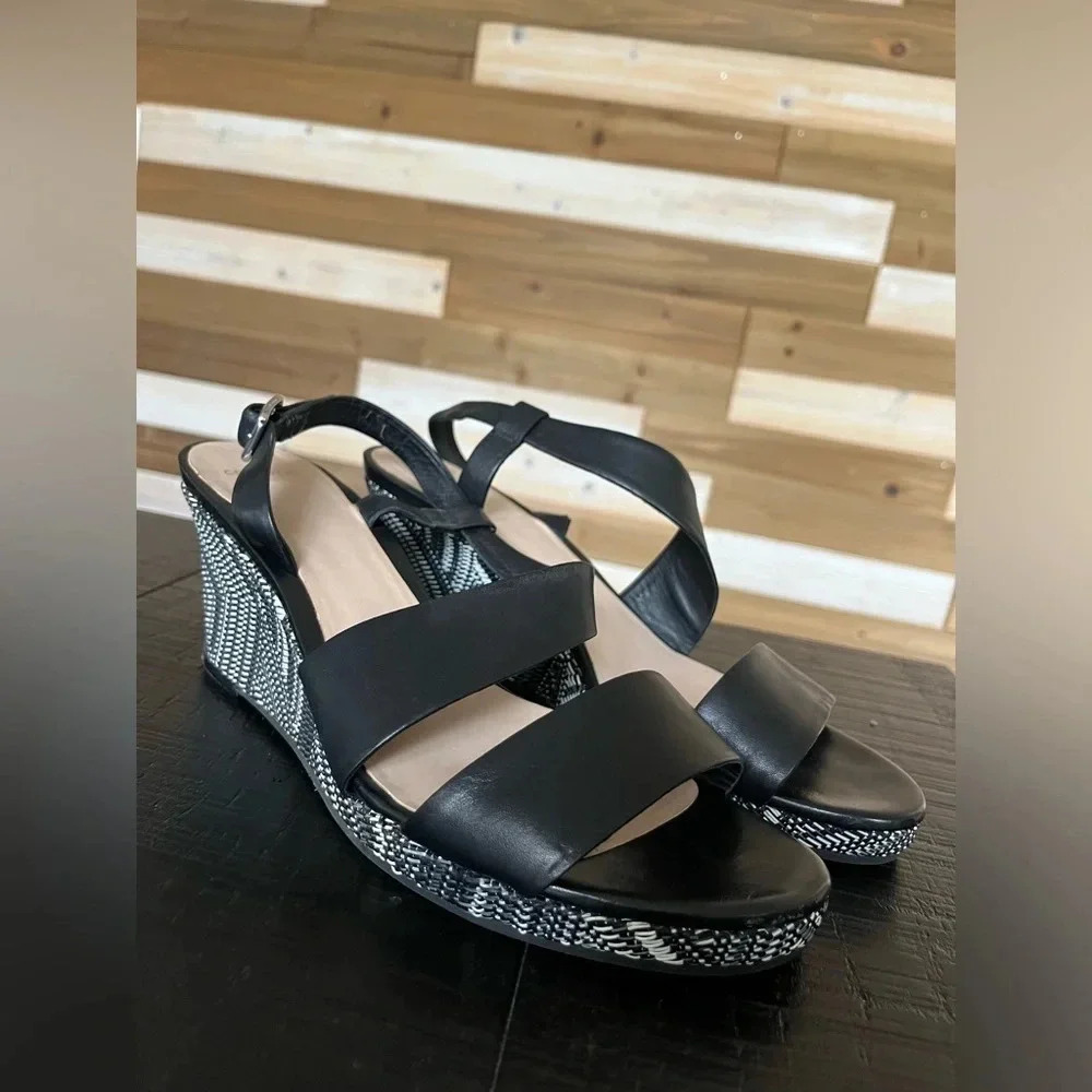 Cole Haan Ravenna Wedge Sandals Strap Leather Black Size 10